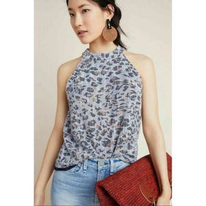 Anthropologie W5 Concept Blue Leopard print Blouse Top Shirt with frey trim XL